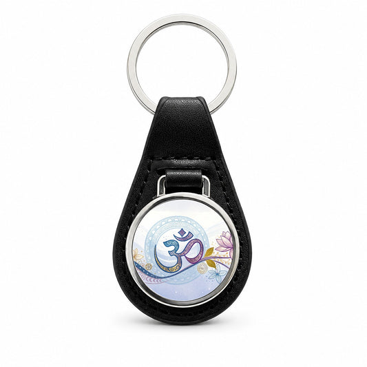 Yoga Om Aum Symbol Lotus Floral Black Leather Metal Keychain