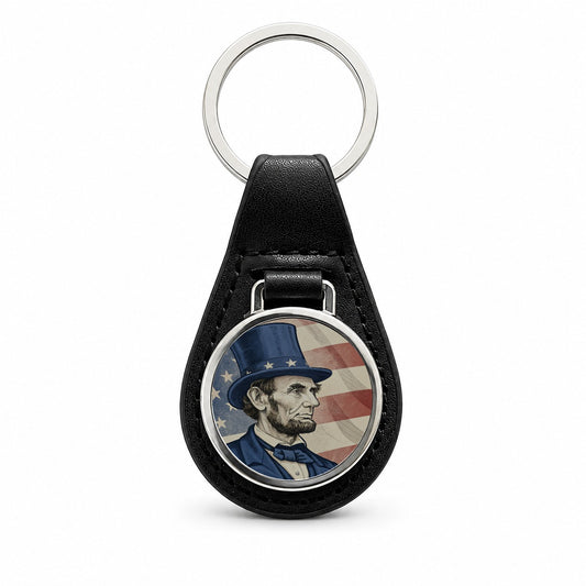 Abraham Lincoln American President Patriotic Black Leather Metal Keychain