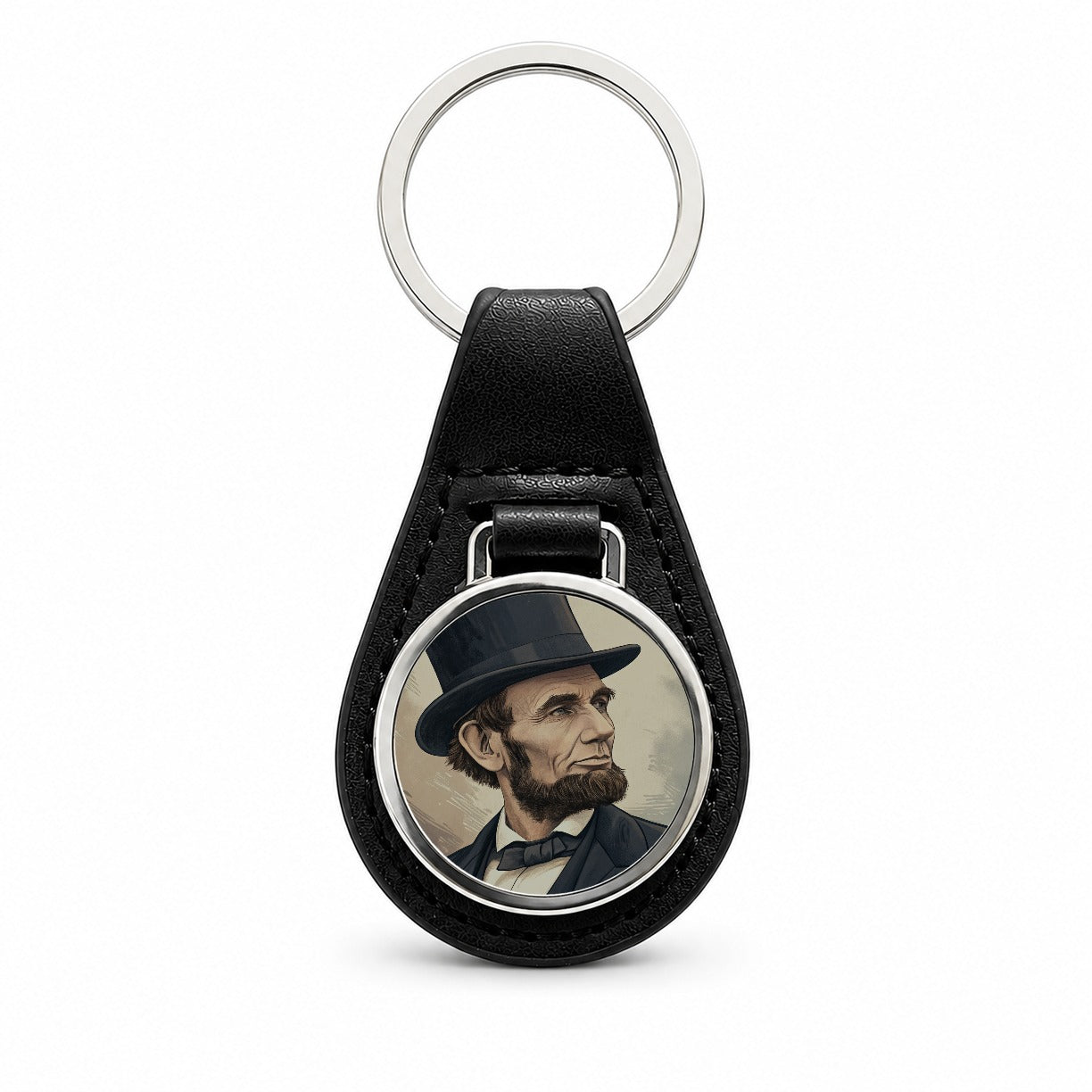 Abraham Lincoln Portrait Black Leather Metal Keychain