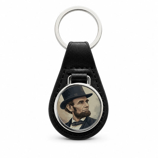 Abraham Lincoln Portrait Black Leather Metal Keychain