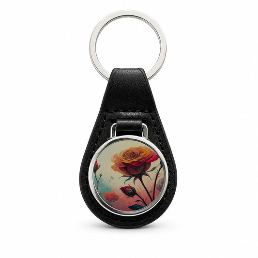 Abstract Roses Flowers Black Leather Metal Keychain