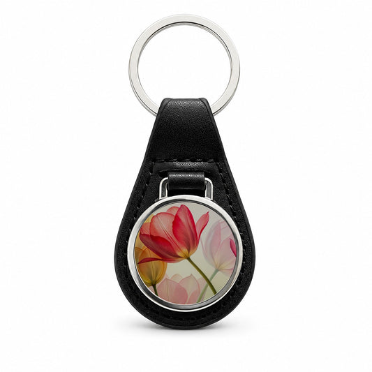 Abstract Tulips Black Leather Metal Keychain