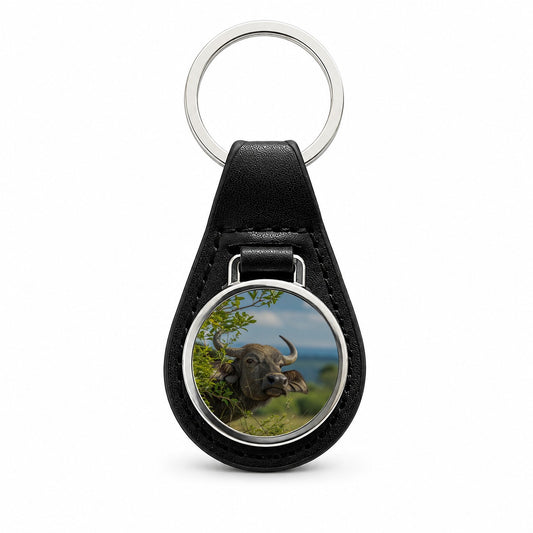African Buffalo Safari Wildlife Black Leather Metal Keychain