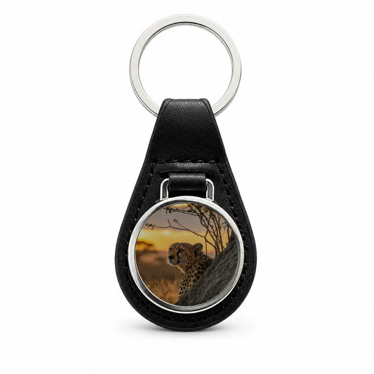 African Cheetah Safari Sunset Black Leather Metal Keychain