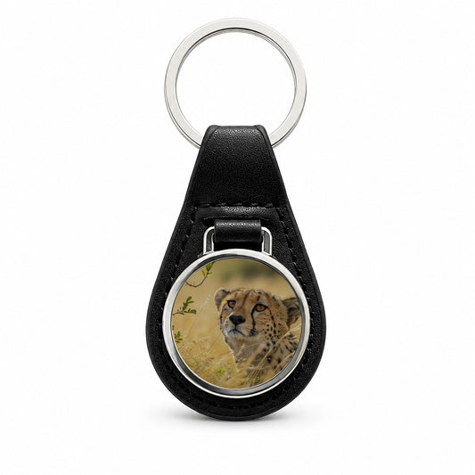 African Cheetah Safari Wildlife Black Leather Metal Keychain