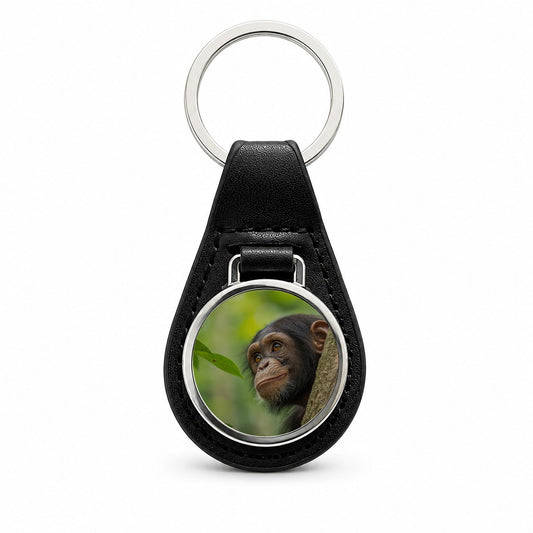 African Chimpanzee Safari Wildlife Black Leather Metal Keychain