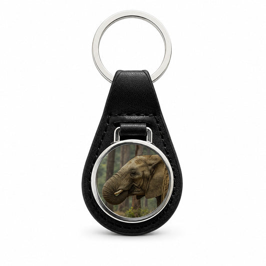 African Elephant Safari Wildlife Black Leather Metal Keychain