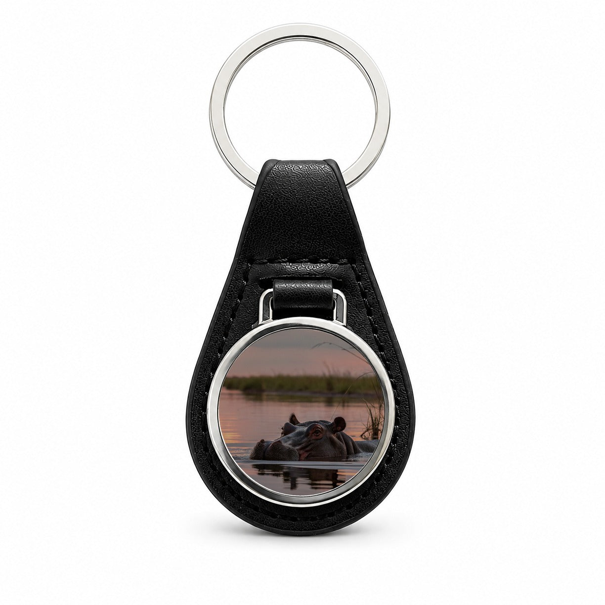 African Hippopotamus Sunset Safari Black Leather Metal Keychain