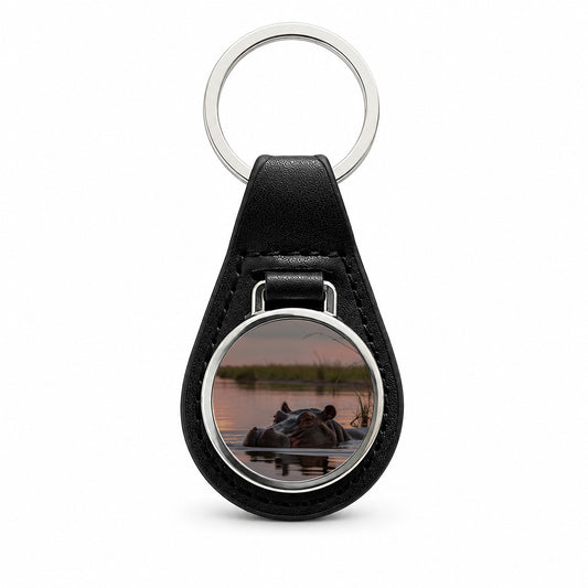 African Hippopotamus Sunset Safari Black Leather Metal Keychain