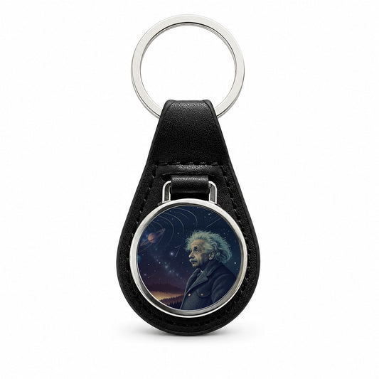Albert Einstein Genius Space Black Leather Metal Keychain