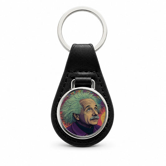 Albert Einstein Psychedelic Black Leather Metal Keychain