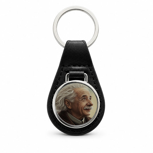 Albert Einstein Vintage Scientist Black Leather Metal Keychain