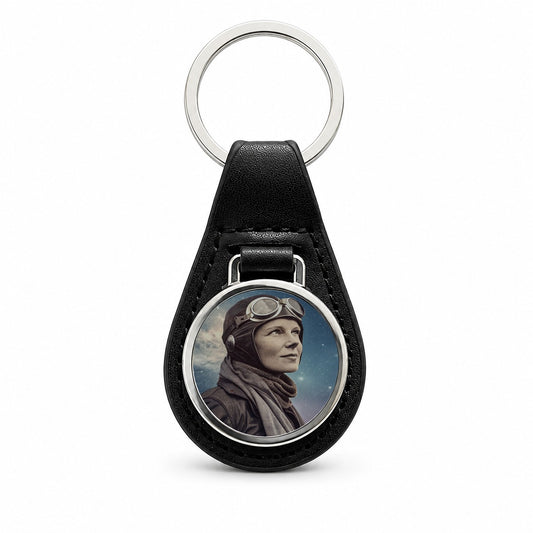 Amelia Earhart Aviation Black Leather Metal Keychain
