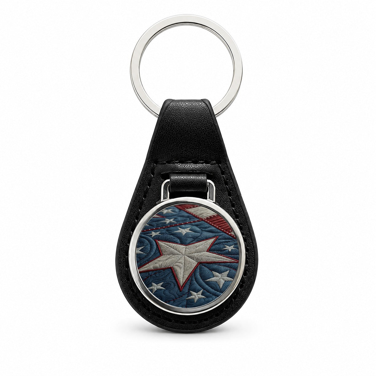 American Patriotic Quilt USA Black Leather Metal Keychain