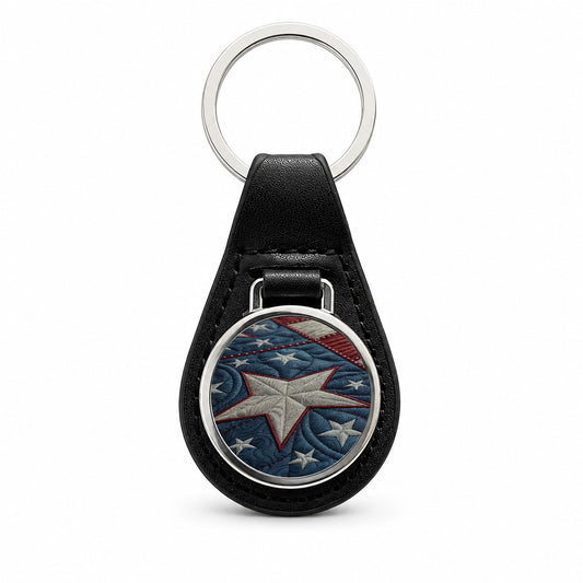 American Patriotic Quilt USA Black Leather Metal Keychain