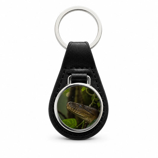 Anaconda Snake Close Up Black Leather Metal Keychain