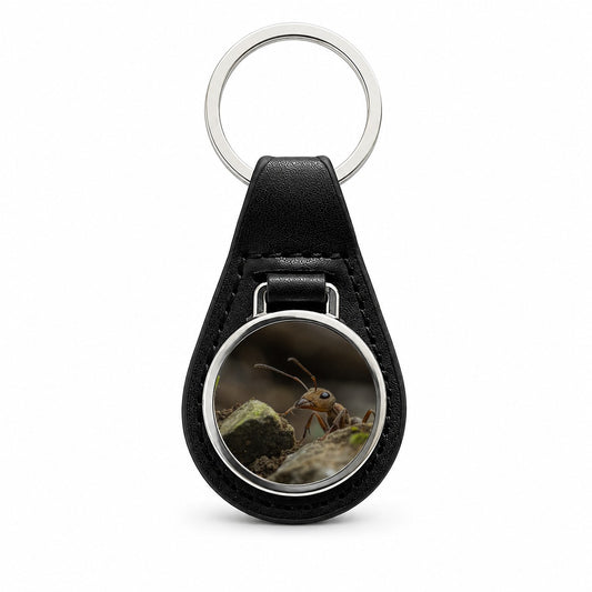 Ant Insect Nature Photo Black Leather Metal Keychain