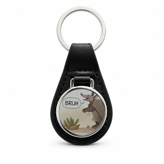 Armadillo Bruh Funny Black Leather Metal Keychain