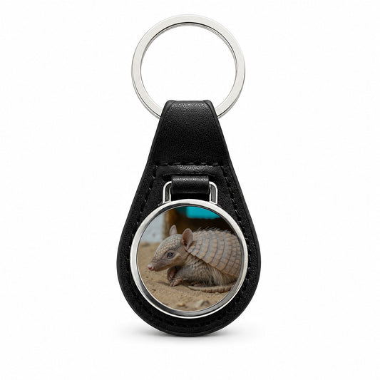 Armadillo Close Up Black Leather Metal Keychain