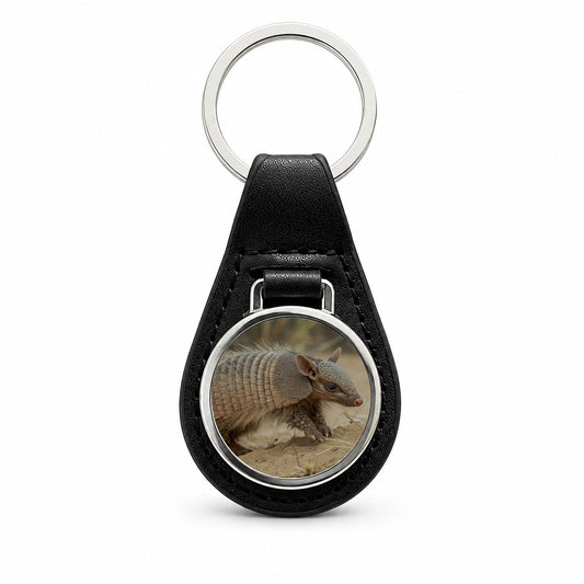 Armadillo in Nature Black Leather Metal Keychain