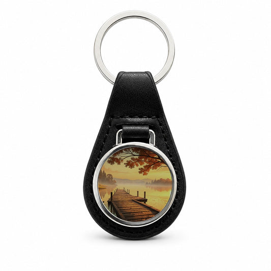 Autumn Lake Dock Sunset Black Leather Metal Keychain