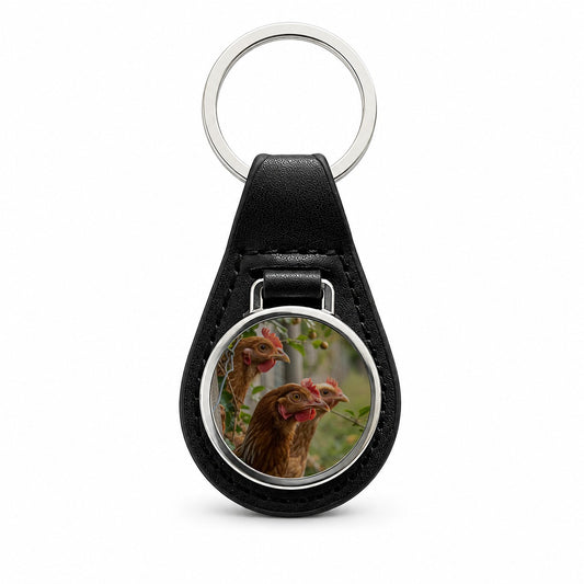 Backyard Chickens Farm Life Black Leather Metal Keychain