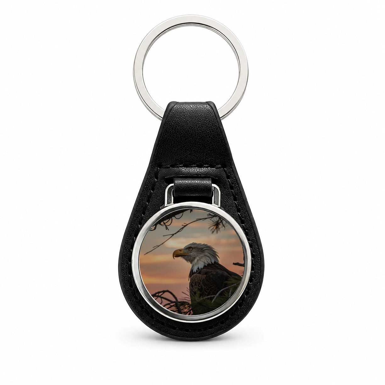 Bald Eagle At Sunset Black Leather Metal Keychain
