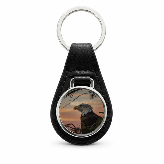 Bald Eagle At Sunset Black Leather Metal Keychain