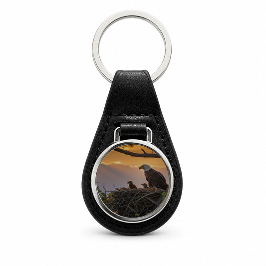 Bald Eagle Babies In Nest Sunset Black Leather Metal Keychain