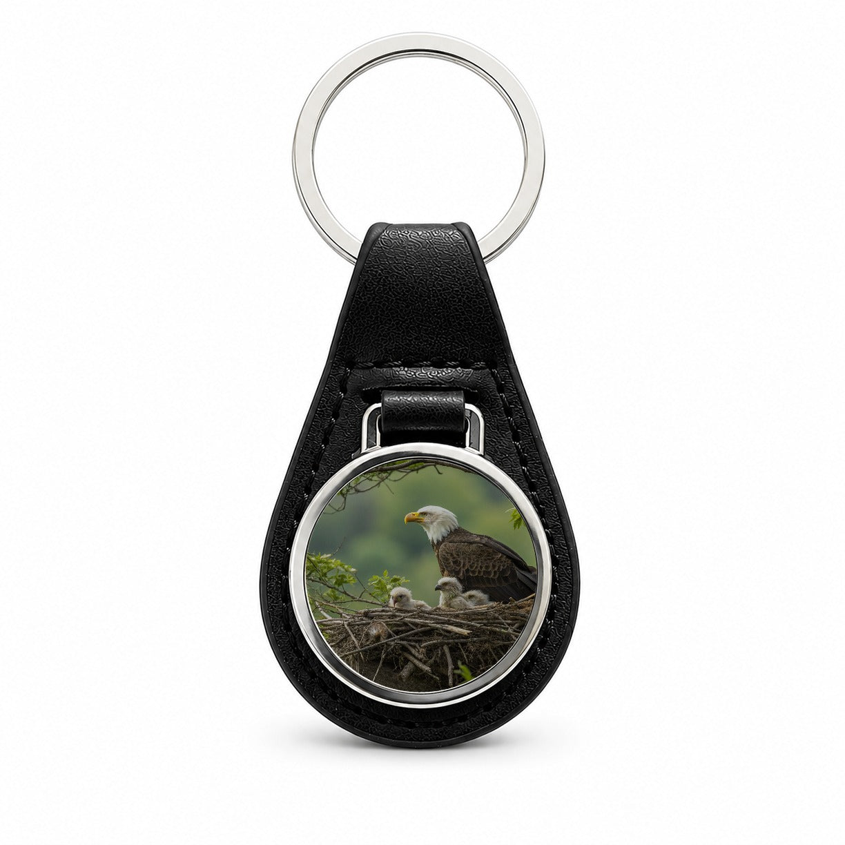Bald Eagle Babies In Nest Black Leather Metal Keychain