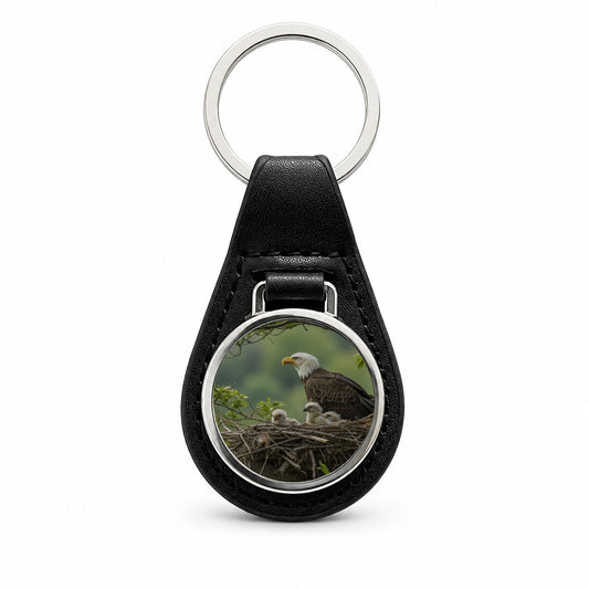 Bald Eagle Babies In Nest Black Leather Metal Keychain