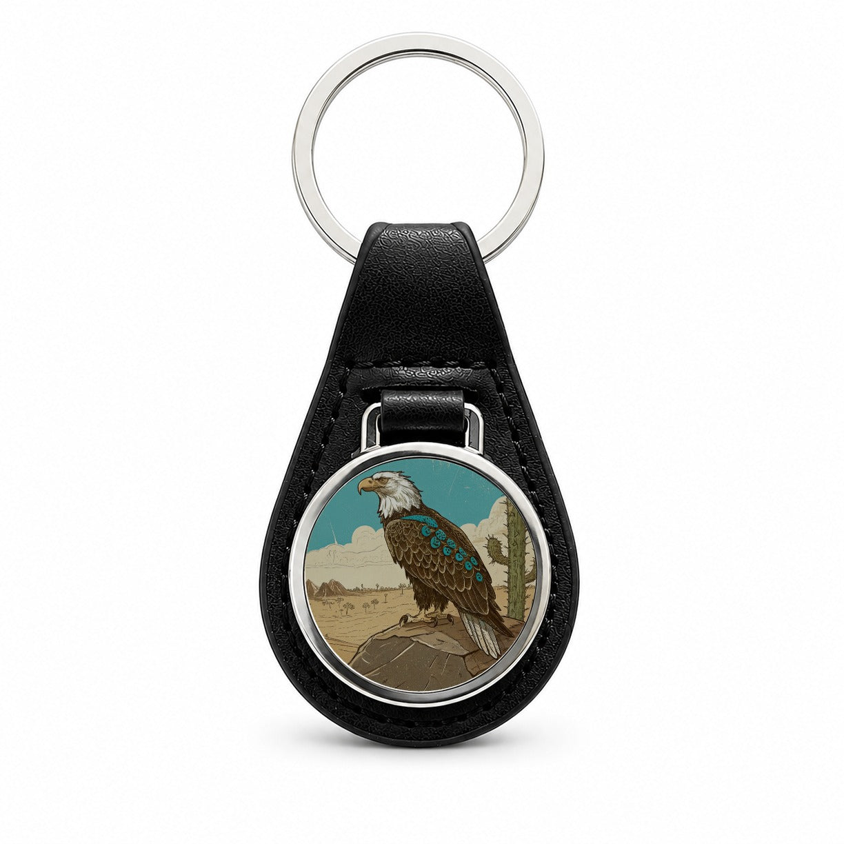 Bald Eagle of the Southwest Desert Black Leather Metal Keychain