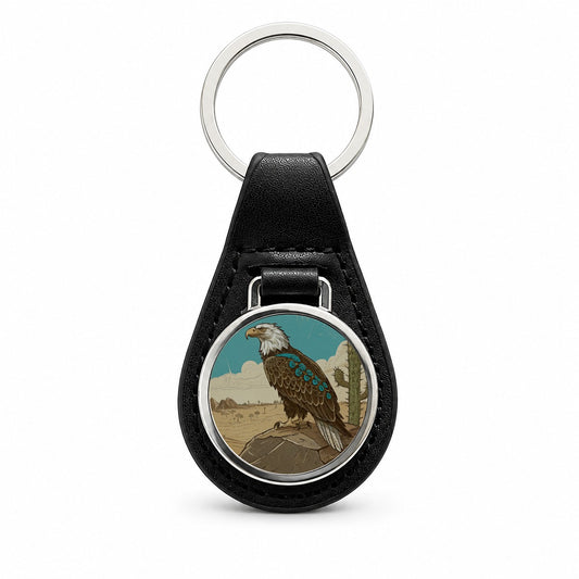 Bald Eagle of the Southwest Desert Black Leather Metal Keychain