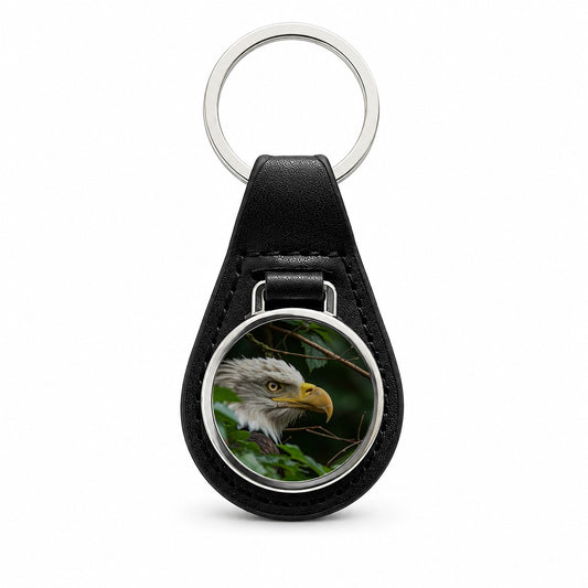Bald Eagle Wildlife Portrait Black Leather Metal Keychain