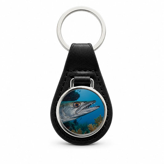 Barracuda Fish Ocean Wildlife Black Leather Metal Keychain