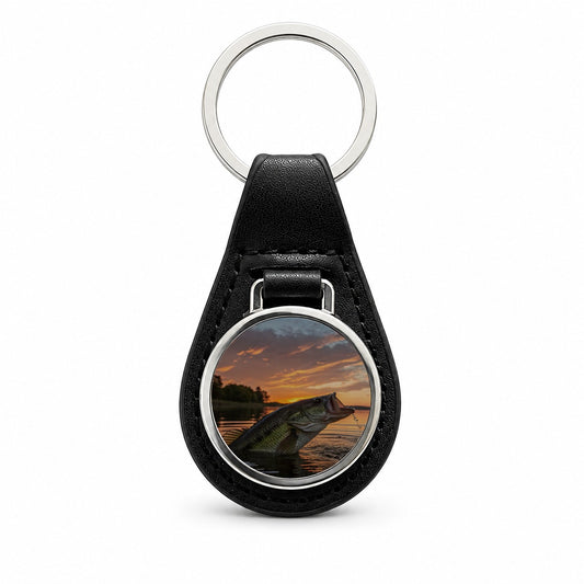 Bass Fish Fishing Sunset Black Leather Metal Keychain