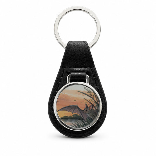 Bat Sunset Nature Scene Black Leather Metal Keychain