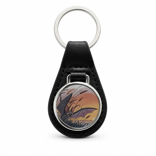 Bat Wildlife At Sunset Black Leather Metal Keychain