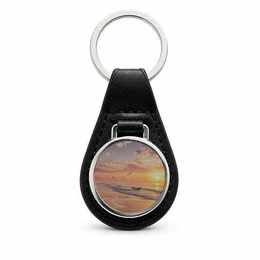 Beach Sunrise Ocean Black Leather Metal Keychain