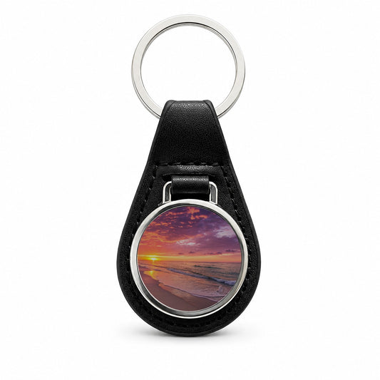 Beach Sunset Ocean Beautiful Black Leather Metal Keychain