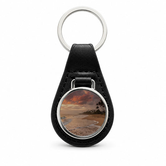 Beach Sunset Tropical Ocean Island Black Leather Metal Keychain