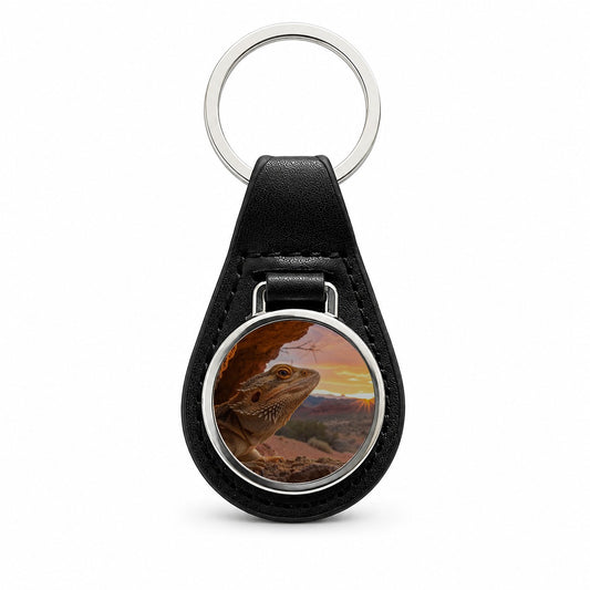 Bearded Dragon At Sunset Black Leather Metal Keychain