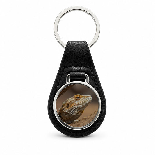 Bearded Dragon Lizard Wildlife Black Leather Metal Keychain