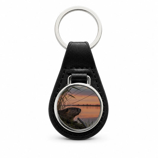 Beaver Pond At Sunset Black Leather Metal Keychain