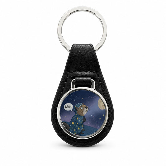 Beaver Saying Bruh Funny Pajamas Black Leather Metal Keychain