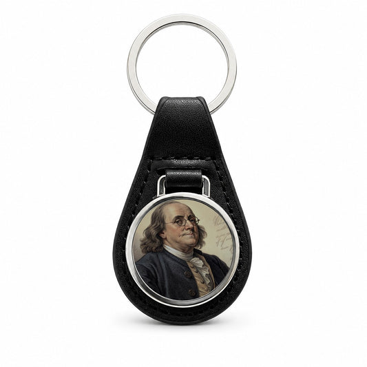 Benjamin Franklin American History Black Leather Metal Keychain