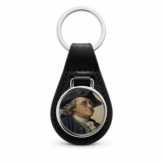 Benjamin Franklin Inventor Black Leather Metal Keychain