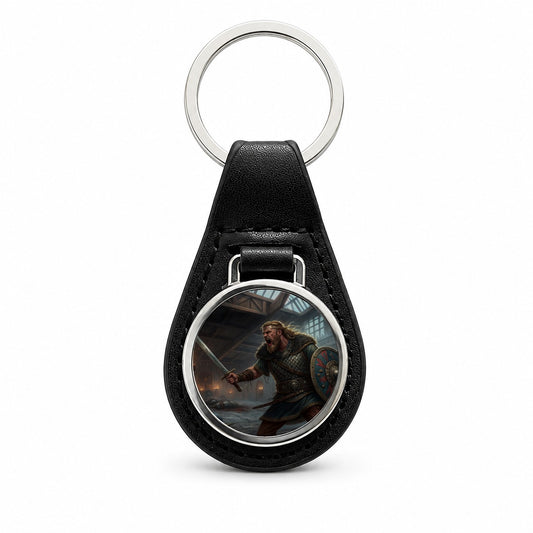 Beowulf Viking Warrior Black Leather Metal Keychain