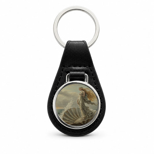 Birth of Venus Inspired Black Leather Metal Keychain