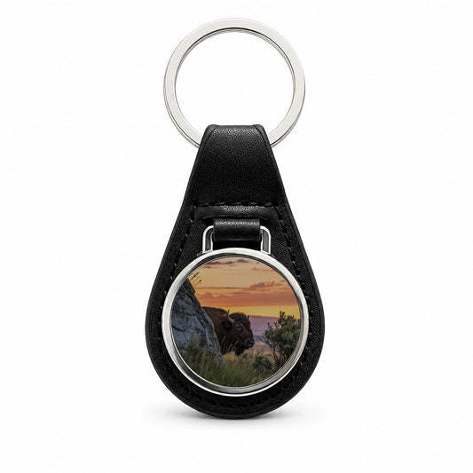 Bison Wildlife At Sunset Black Leather Metal Keychain